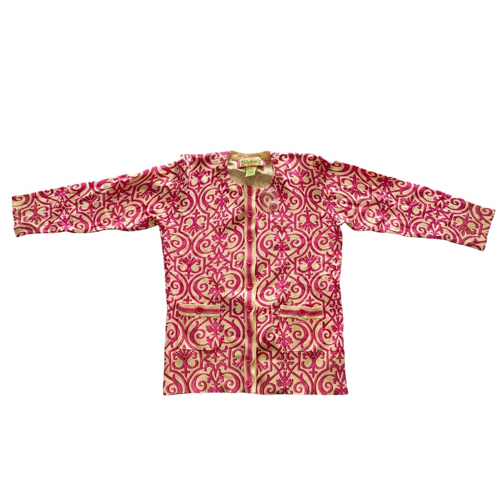 Pink scroll print cardigan‎